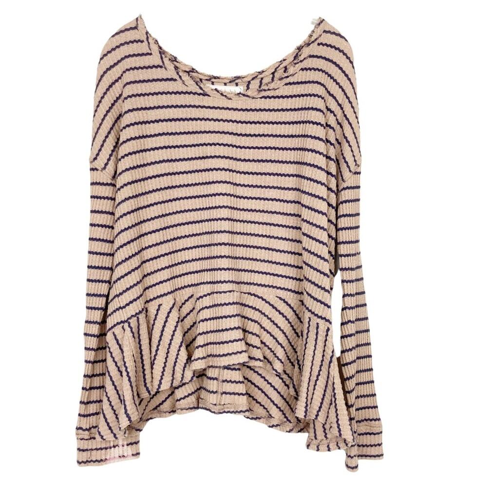 We The Free Tan Striped Raw Hem Ruffle Hem Shirt Sz L